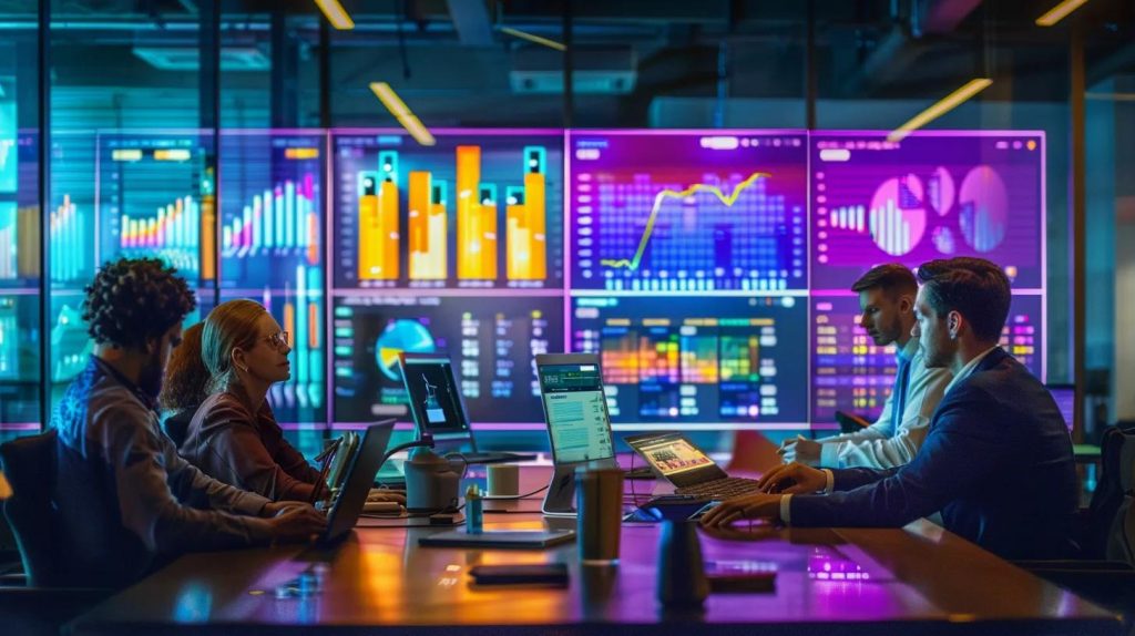 a dynamic office scene showcases a diverse team intently collaborating around a sleek, modern conference table, with vibrant digital screens displaying analytics and ai-driven insights that highlight the transformative impact of new seo technology.