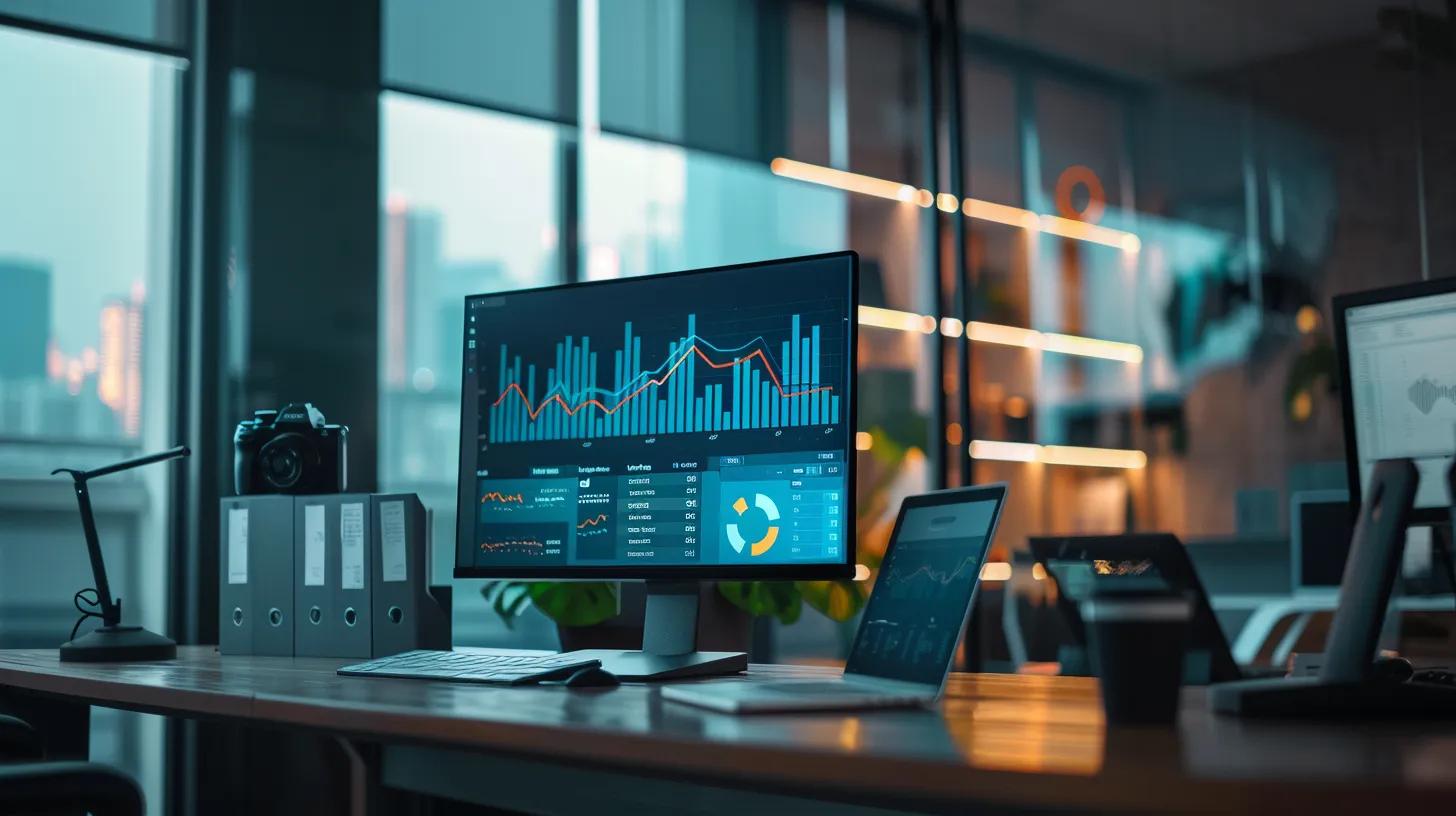 a sleek, modern office environment features a large screen displaying dynamic seo graphs and digital analytics, with a professional confidently discussing the enduring relevance of organic search amid vibrant visualisations of myths being debunked.
