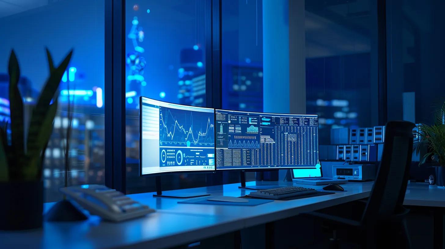 Sleek modern office workspace featuring dual curved monitors displaying data analytics and digital marketing metrics, with a focus on AI-driven SEO strategies.