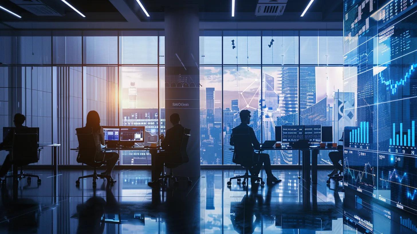 a dynamic urban office space filled with professionals engaging in heated discussions around multiple screens displaying complex graphs and analytics, symbolising the fast-paced evolution of seo amidst technological challenges.