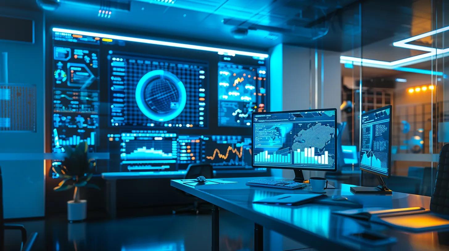 a futuristic office environment showcases a sophisticated ai interface on a sleek computer screen, displaying dynamic seo analytics and user engagement metrics, illuminated by vibrant ambient lighting that reflects innovation and technological advancement.