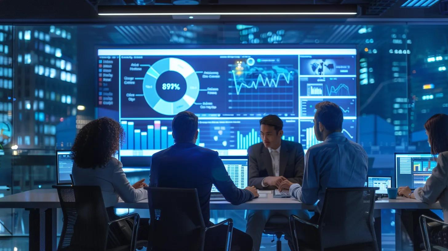 Business meeting with professionals discussing AI-driven SEO strategies, data visualizations on screen, and digital marketing insights.