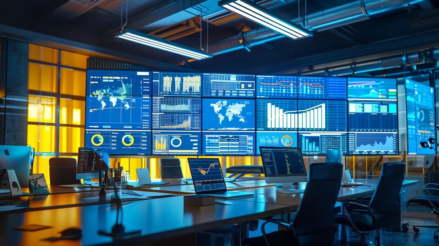 Modern office workspace featuring multiple screens displaying data analytics, graphs, and world maps, illustrating AI-driven SEO strategies and real-time analytics for digital marketing.