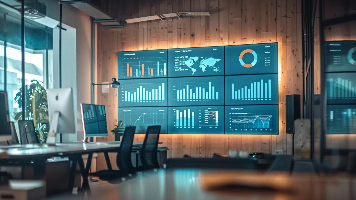 a sleek, modern office setting with a large digital screen displaying vibrant analytics and graphs about user engagement, symbolising the evolution of seo strategies focusing on quality content and user experience.