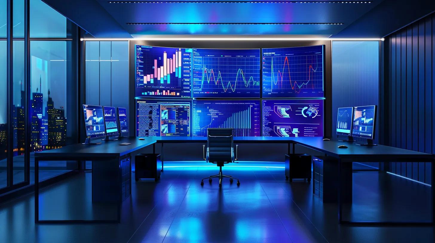 Modern office workspace with multiple screens displaying data analytics and graphs, illuminated in blue, highlighting AI-driven SEO solutions and digital marketing strategies.
