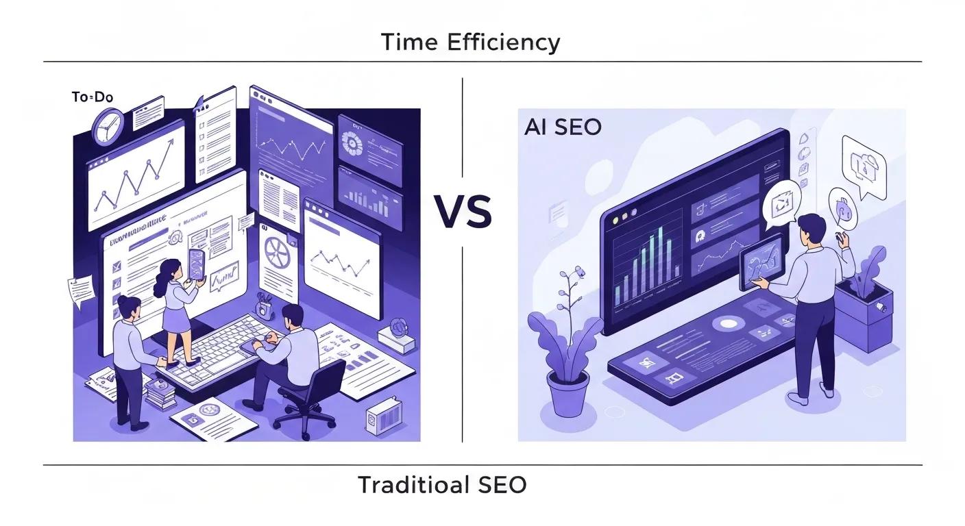 Illustration of time efficiency differences between AI SEO and traditional SEO methods