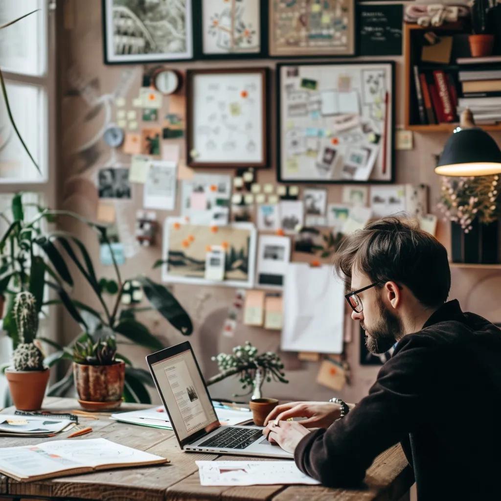 Content creator using AI tools to draft an article in a creative workspace