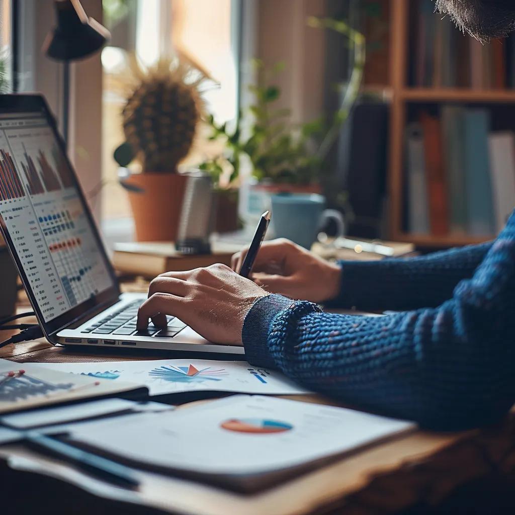 Small business owner working on SEO strategies with AI tools in a cozy office