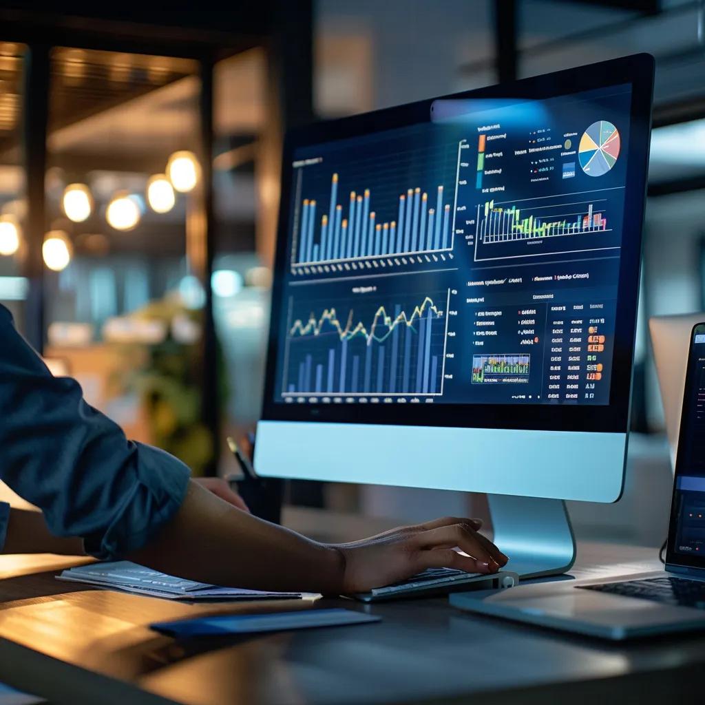 Person analyzing keyword data with AI tools in a modern office setting